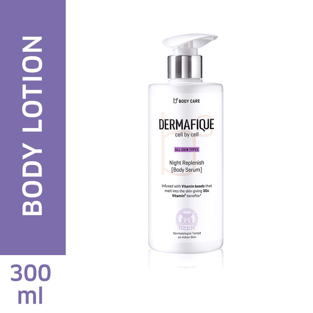 Sale Dermafique Night Replenish Body Serum for All Skin Types, Night Regeneration, 30x Vitamin E, Repairs Skin Cell Damage, Nourishes Skin, dermatologist tested (300 ml)